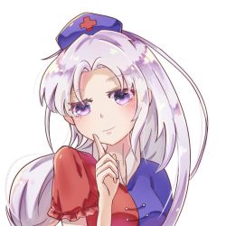 Rule 34 | 1girl, blue dress, blush, breasts, cross, dress, hand up, hat, head tilt, index finger raised, long hair, looking at viewer, multicolored clothes, multicolored dress, niromi, nurse cap, purple eyes, red cross, red dress, short sleeves, sidelocks, silver hair, simple background, small breasts, smile, solo, touhou, upper body, white background, yagokoro eirin