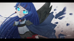 Rule 34 | 1girl, alternate hairstyle, black wings, blue cape, blue eyes, blue hair, brooch, cape, cure sky, cut bangs, cure sky (dark), earrings, feathered wings, glowing, glowing eye, hair down, hirogaru sky! precure, jewelry, letterboxed, long hair, magical girl, multicolored hair, open mouth, precure, puffy short sleeves, puffy sleeves, red hair, short sleeves, single wing, smile, solo, sora harewataru, spiked pauldrons, streaked hair, tanshi tanshi, torn cape, torn clothes, twitter username, very long hair, wind, wing brooch, wings