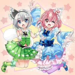 Rule 34 | 2girls, :o, ;o, adapted costume, aqua socks, arm garter, arm grab, arms up, ascot, black neckwear, blue eyes, blue footwear, blue kimono, blue neckwear, boots, bow, bowtie, clenched hand, commentary request, frilled legwear, ghost print, gradient background, green footwear, green skirt, green vest, hair ribbon, hat, head tilt, japanese clothes, kimono, konpaku youmu, konpaku youmu (ghost), looking at viewer, midriff peek, multiple girls, nagare, navel, obi, one eye closed, open mouth, outstretched arms, petticoat, pink background, pink eyes, pink hair, purple legwear, ribbon, saigyouji yuyuko, sash, short hair, silver hair, skirt, socks, spread arms, star (symbol), starry background, sweatdrop, touhou, triangular headpiece, vest, wrist cuffs