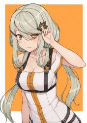 Rule 34 | 1girl, absurdres, adjusting hair, arm at side, artificial eye, bare shoulders, blush, braid, breasts, buckle, cleavage, closed mouth, collarbone, dress, girls&#039; frontline, green eyes, hair ornament, hairclip, harness, heterochromia, highres, huge filesize, leaning forward, long hair, looking at viewer, low twintails, mechanical eye, medium breasts, mismatched sclera, orange background, outside border, short dress, sidelocks, simple background, solo, strap, strapless, strapless dress, symbol-shaped pupils, tac-50 (girls&#039; frontline), terras, twintails, upper body, yellow eyes, zipper