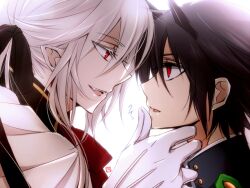 Rule 34 | 2boys, black hair, colored eyelashes, commentary request, fangs, ferid bathory, gloves, hair ribbon, hand on another&#039;s chin, high collar, horns, hyakuya yuuichirou, male focus, multiple boys, neck ribbon, oni horns, open mouth, owari no seraph, partial commentary, pointy ears, red eyes, ribbon, short hair, tsukimori usako, white background, white gloves, white hair