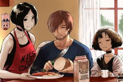 Rule 34 | 1boy, 2girls, ada wong, apron, bare arms, bare shoulders, beard, black choker, black hair, bread, brown hair, choker, closed eyes, coffee cup, collar, crossover, cup, disposable cup, egg, facial hair, food, hair over one eye, haraya manawari, knife, leon s. kennedy, leon the professional, looking at another, mathilda lando, milk carton, multiple girls, name connection, red apron, resident evil, resident evil 6, short hair, sitting, smile, stubble, table, window