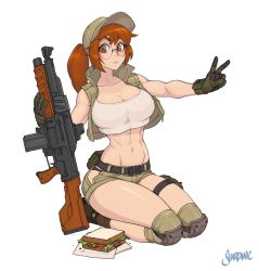 Rule 34 | 1girl, abs, assault rifle, bare legs, black gloves, boots, breasts, brown eyes, brown hair, cleavage, commentary, crop top, english commentary, fio germi, food, full body, glasses, gloves, grenade launcher, gun, highres, hip vent, holding, holding gun, holding weapon, knee pads, large breasts, long hair, looking at viewer, metal slug, metal slug tactics, napkin, navel, ponytail, pouch, rifle, sandwich, seiza, shardanic, short shorts, shorts, sidelocks, signature, simple background, sitting, sleeveless, snk, solo, thigh strap, toned, underbarrel grenade launcher, v, weapon, white background, wide hips