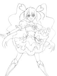 Rule 34 | 00s, 1girl, absurdres, boots, bow, choker, corset, cure peach, earrings, fresh precure!, full body, greyscale, hair ornament, heart, heart hair ornament, highres, jewelry, knee boots, lineart, long hair, magical girl, momozono love, monochrome, nsxnewver, precure, ribbon, skirt, smile, solo, twintails, wrist cuffs