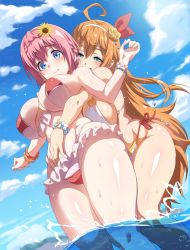 Rule 34 | 2girls, ahoge, arm between breasts, bare shoulders, between breasts, bikini, bikini skirt, blue eyes, blue sky, blush, bracelet, braid, breasts, closed mouth, cloud, commentary, day, flower, from below, grabbing, grabbing from behind, groin, hair between eyes, hair flower, hair ornament, hairband, half-closed eyes, hand on another&#039;s stomach, highres, hokkyoku hotaru, jewelry, large breasts, leaning forward, long hair, looking down, multiple girls, open mouth, orange hair, outdoors, pecorine (princess connect!), pecorine (summer) (princess connect!), pink hair, princess connect!, raised eyebrows, red bikini, red ribbon, ribbon, shiny skin, short hair, side-tie bikini bottom, sky, standing, sunflower, sunflower hair ornament, swimsuit, thick thighs, thighs, very long hair, wading, water, wet, wet hair, yellow flower, yui (princess connect!), yui (summer) (princess connect!)
