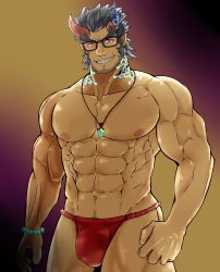 Rule 34 | 1boy, abs, bara, black-framed eyewear, blue hair, broken horn, bulge, cowboy shot, dark, dark blue hair, demon boy, demon horns, facial hair, fang, fiery horns, fundoshi, glowing, glowing eyes, grin, highres, horns, japanese clothes, jewelry, kouyas 125, large pectorals, long sideburns, male focus, male underwear, mature male, muscular, muscular male, navel, necklace, nipples, pectorals, red male underwear, short hair, sideburns, smile, solo, stomach, stubble, takemaru (housamo), thick eyebrows, thick thighs, thighs, tokyo houkago summoners, underwear, underwear only
