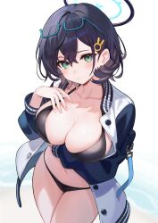 Rule 34 | 1girl, aqua-framed eyewear, bikini, black bikini, black hair, blue archive, blue halo, blush, breasts, chihiro (blue archive), cleavage, closed mouth, collarbone, cowboy shot, glasses, green eyes, hair between eyes, hair ornament, halo, highres, jacket, large breasts, long sleeves, looking at viewer, navel, open clothes, open jacket, pipipipyu, rabbit hair ornament, short hair, solo, swimsuit, white jacket