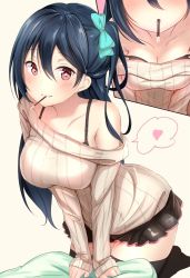 Rule 34 | 1girl, bad id, bad twitter id, bare shoulders, black bra, black hair, black skirt, black thighhighs, blue ribbon, blush, bra, bra strap, breast lift, breasts, commentary, cushion, dress, food, hair between eyes, hair ribbon, heart, large breasts, leaning forward, long hair, looking at viewer, mouth hold, off shoulder, phantasy star, phantasy star online 2, pocky, pocky kiss, red eyes, ribbon, shared food, simple background, skirt, smile, solo, speech bubble, sweater, sweater dress, thighhighs, underwear, very long hair, washinomiya koori, white background, white sweater, yuano, zettai ryouiki