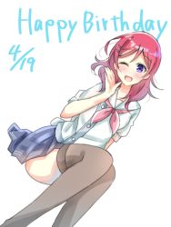 Rule 34 | 1girl, 2019, artist request, blazer, blue bow, blue bowtie, bow, bowtie, dutch angle, female focus, jacket, long sleeves, looking at viewer, love live!, love live! school idol project, nishikino maki, one eye closed, pleated skirt, purple eyes, red hair, school uniform, short hair, skirt, smile, solo, striped bow, striped bowtie, striped clothes, white background