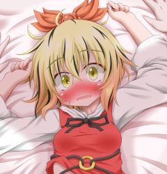 Rule 34 | 1girl, arms up, black hair, blonde hair, blush, female focus, hair ornament, long sleeves, looking at viewer, lying, multicolored hair, oden (th-inaba), on back, open mouth, pov, sexually suggestive, shirt, short hair, sweat, toramaru shou, touhou, two-tone hair, vest, yellow eyes