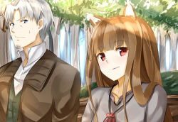 Rule 34 | 1boy, 1girl, animal ears, brown hair, craft lawrence, ffmania7, forest, holo, isshiki (ffmania7), long hair, nature, red eyes, silver hair, smile, spice and wolf, tree, wolf ears