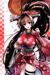 Rule 34 | 10s, 1girl, blush, breasts, brown eyes, brown hair, c.r., high ponytail, hip focus, japanese clothes, kantai collection, kimono, large breasts, long hair, looking at viewer, personification, signature, single thighhigh, smile, solo, thigh gap, thighhighs, very long hair, yamato (kancolle)