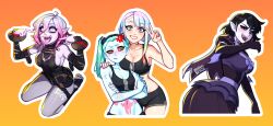 Rule 34 | 4girls, :d, adventure time, ahoge, anger vein, artificial eye, artist name, bare shoulders, black gloves, black hair, black shorts, black sports bra, blonde hair, blue eyes, blue hair, blue skin, blush, blushyspicy, breast envy, breast press, breasts, briar (league of legends), collarbone, colored sclera, colored skin, commentary, crossed arms, cyberpunk (series), cyberpunk edgerunners, detached sleeves, elbow gloves, english commentary, english text, fangs, fingernails, gloves, gradient hair, green eyes, green hair, grey eyes, grey hair, grey skin, grin, hair between eyes, headgear, height difference, highres, large breasts, league of legends, looking at breasts, looking at viewer, lucy (cyberpunk), marceline abadeer, mechanical eye, medium support (meme), meme, midriff, multicolored eyes, multicolored hair, multiple girls, navel, open mouth, orange background, outline, pale skin, pink hair, pink sclera, pink tattoo, pointing, pointing at self, pointy ears, pout, purple lips, rebecca (cyberpunk), red background, red hair, red pupils, red sclera, seiza, sharp fingernails, sharp teeth, shiny skin, short hair, short shorts, shorts, sitting, small breasts, smile, speech bubble, sports bra, sportswear, squiggle, stomach tattoo, tattoo, teeth, tongue, tongue out, two-tone hair, upper teeth only, v, vampire, white background, white hair, white outline