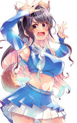 Rule 34 | 1girl, alternate costume, animal ears, armpits, arms up, belt, black hair, blue skirt, blue sleeves, breasts, cheerleader, colored inner hair, cowboy shot, crop top, detached sleeves, fake animal ears, fake tail, fang, fox ears, fox tail, hairband, highres, hokkaido nippon-ham fighters, imu sanjo, kantai collection, kitsune dance, large breasts, layered skirt, long hair, looking at viewer, midriff, multicolored hair, naganami (kancolle), naganami kai ni (kancolle), navel, nippon professional baseball, open mouth, pink hair, pleated skirt, skin fang, skirt, solo, standing, tail, two-tone hair, very long hair, wavy hair, white belt, white hairband, white skirt, yellow eyes