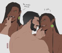 Rule 34 | 2boys, bara, beard, black hair, buzz cut, castlevania (series), castlevania: nocturne, dark-skinned male, dark skin, english text, facial hair, fangs, finger in another&#039;s mouth, from side, guiding hand, half-closed eyes, highres, long hair, male focus, mature male, mizrak (castlevania), multiple boys, muscular, muscular male, nude, olrox, pointy ears, sai (cyborrrg), sanpaku, seductive smile, short hair, smile, thick eyebrows, thick mustache, tongue, tongue out, upper body, very short hair, yaoi