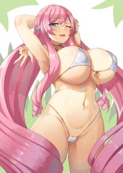 Rule 34 | 1girl, ajidot, arm behind head, armpits, bare arms, bare shoulders, bikini, blue eyes, breasts, covered erect nipples, front-tie bikini top, front-tie top, heart, heart-shaped pupils, highres, large breasts, last origin, long hair, looking at viewer, mole, mole under mouth, navel, one eye closed, open mouth, pink hair, serapias alice, sidelocks, smile, solo, standing, stomach, string bikini, swimsuit, symbol-shaped pupils, twintails, very long hair, white bikini
