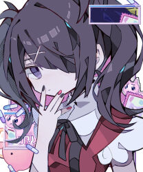 Rule 34 | 1girl, absurdres, ame-chan (needy girl overdose), black hair, black nails, black ribbon, cat, closed mouth, commentary, diagonal bangs, glitch, hair ornament, hair over one eye, hand to own mouth, hand up, highres, looking at viewer, lsd, medium hair, multicolored nails, nail polish, neck ribbon, needy girl overdose, pien cat (needy girl overdose), pill, pink nails, purple eyes, red vest, ribbon, solo, soresaki, twintails, upper body, vest, wide sleeves, window (computing), x hair ornament