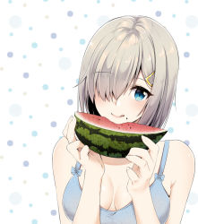 Rule 34 | 1girl, :q, alternate costume, blue eyes, blush, breasts, eating, food, fruit, grey hair, hair between eyes, hair ornament, hair over one eye, hairclip, hamakaze (kancolle), holding, holding food, holding fruit, kantai collection, large breasts, looking at viewer, mimamui, polka dot, polka dot background, short hair, simple background, solo, tongue, tongue out, upper body, watermelon, watermelon seeds