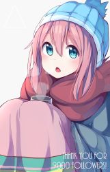 Rule 34 | 1girl, :o, beanie, blue eyes, blue hat, blush, bobblehat, cup, grey background, hair between eyes, hat, highres, kagamihara nadeshiko, long hair, long skirt, long sleeves, looking at viewer, okota mikan, open mouth, pink hair, pink skirt, simple background, sitting, skirt, solo, steam, tareme, thank you, triangle, winter clothes, yurucamp