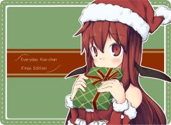 Rule 34 | 1girl, alternate costume, ayase yuuki (mikan mochi), bare shoulders, bat wings, blush, border, bow, box, christmas, christmas present, commentary request, covering own mouth, dot nose, english text, gift, gift box, green background, hair between eyes, hat, head wings, highres, holding, holding box, koakuma, long hair, long sleeves, red bow, red eyes, red hair, red shirt, santa costume, santa hat, shirt, simple background, touhou, upper body, white border, wings