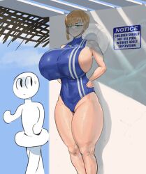 Rule 34 | 1girl, absurdres, anon, blonde hair, booruguru, breasts, english text, green eyes, half-closed eyes, highres, huge breasts, inflatable armbands, naughty face, one-piece swimsuit, short hair, sideboob, swimsuit, taut clothes, thick thighs, thighs, wet