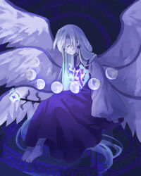 Rule 34 | 1girl, barefoot, blue theme, closed eyes, collared shirt, commentary request, earrings, feathered wings, highres, invisible chair, jewelry, kaigen 1025, long hair, long sleeves, monochrome, moon phases, multiple wings, sariel (touhou), shirt, sitting, smile, solo, touhou, touhou (pc-98), wings