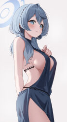 Rule 34 | 1girl, absurdres, ako (blue archive), ako (dress) (blue archive), backless dress, backless outfit, blue archive, blue dress, blue eyes, blue hair, blue halo, blush, breasts, closed mouth, cowboy shot, dress, enpido, hair between eyes, halo, highres, large breasts, long hair, looking at viewer, official alternate costume, sideboob, simple background, sleeveless, sleeveless dress, solo, white background