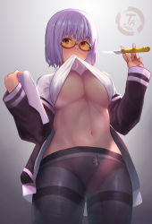 Rule 34 | 10s, 1girl, black pantyhose, bow, bow panties, boxcutter, breasts, clothes in mouth, clothes lift, from below, glasses, gridman universe, highres, jacket, large breasts, light purple hair, long sleeves, looking at viewer, mouth hold, navel, panties, panties under pantyhose, pantyhose, purple jacket, red-framed eyewear, red eyes, school uniform, shinjou akane, shirt, shirt in mouth, shirt lift, short hair, smile, solo, ssss.gridman, standing, tataow, teeth, thighband pantyhose, tinted eyewear, underboob, underwear, white shirt, yellow-tinted eyewear