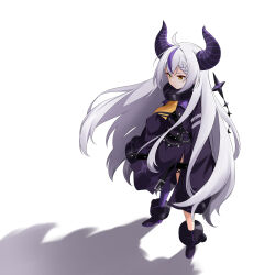 Rule 34 | 1girl, absurdres, ahoge, ankle cuffs, black footwear, braid, closed mouth, coat, collar, commentary, demon girl, demon horns, english commentary, felutiahime, full body, grey hair, highres, hololive, horns, la+ darknesss, long hair, long sleeves, looking away, metal collar, multicolored hair, o-ring, pantyhose, pointy ears, purple coat, purple hair, purple pantyhose, sidelocks, single leg pantyhose, sleeves past fingers, sleeves past wrists, solo, standing, streaked hair, striped horns, very long hair, virtual youtuber, white background, yellow eyes