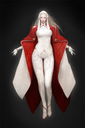 Rule 34 | 1girl, blonde hair, concept art, full body, gloves, grey background, highres, hunting era, looking at viewer, pants, realistic, robe, sangsoo jeong, simple background, solo, standing, white footwear, white gloves, white pants