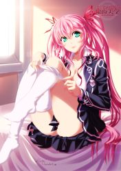 Rule 34 | 10s, 1girl, ass, breasts, cleavage, green eyes, hagure yuusha no estetica, hair ribbon, highres, imarx67, legs up, long hair, looking at viewer, medium breasts, open clothes, open shirt, ousawa miu, pink hair, pleated skirt, ribbon, school uniform, shirt, sitting, skirt, solo, thighhighs, twintails, very long hair, white thighhighs