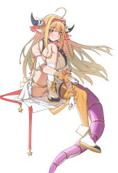 Rule 34 | 1girl, absurdres, ahoge, alternate costume, asymmetrical legwear, bare shoulders, blonde hair, blunt bangs, blush, boots, bow, breasts, commentary, dragon girl, dragon horns, dragon tail, dress, english commentary, fangs, frilled dress, frills, full body, gloves, hair blowing, hairband, highres, hololive, horn bow, horn ornament, horn ribbon, horns, idol, idol clothes, invisible chair, kiryu coco, knee to chest, knee up, large breasts, long hair, looking at viewer, multicolored eyes, multicolored hair, neck ribbon, official alternate costume, orange hair, purple eyes, red eyes, red hairband, red ribbon, ribbon, scales, simple background, single thighhigh, sitting, skin fangs, sleeveless, sleeveless dress, slit pupils, smile, streaked hair, tail, thigh strap, thighhighs, uneven legwear, virtual youtuber, white background, white bow, white gloves, xiaoju xiaojie, yellow thighhighs