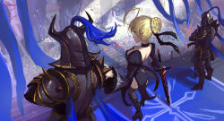 Rule 34 | 1girl, 2boys, absurdres, ahoge, armor, artoria pendragon (all), artoria pendragon (fate), bare shoulders, black dress, black neckwear, black ribbon, black thighhighs, blonde hair, blue eyes, boots, braid, breasts, choker, crossed arms, crowd, dress, excalibur morgan (fate), eyelashes, fate/grand order, fate/stay night, fate (series), faulds, french braid, frilled sleeves, frills, full armor, full body, gauntlets, gothic lolita, greaves, hair ribbon, halterneck, hand up, helmet, high heel boots, high heels, highres, holding, holding sword, holding weapon, huge ahoge, juliet sleeves, knight, lace-trim, lace-trimmed choker, lace-up thighhighs, lace trim, lihaojie, lolita fashion, long sleeves, looking at another, multiple boys, pauldrons, puffy sleeves, ribbon, saber (fate), saber alter, shoulder armor, small breasts, standing, sword, thighhighs, weapon