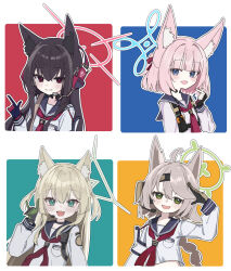 4girls :d ahoge animal_ear_fluff animal_ears black_choker black_gloves black_hair blue_archive blue_background blue_halo blue_sailor_collar blunt_bangs blush braid breast_pocket brown_gloves choker collarbone commentary_request cropped_shirt double-parted_bangs fang fingerless_gloves fox_ears fox_platoon_(blue_archive) fox_shadow_puppet gloves green_background green_gloves green_halo hair_between_eyes hair_ribbon halo headphones implied_extra_ears inaba_reito kurumi_(blue_archive) long_hair long_sleeves maid_headdress medium_hair microphone multiple_girls neckerchief niko_(blue_archive) one_side_up open_mouth otogi_(blue_archive) outline patch pink_hair pocket pointy_ears red_background red_gloves red_halo red_neckerchief red_ribbon ribbon sailor_collar salute shirt shoulder_patch sidelocks single_braid skin_fang smile two-tone_gloves two_side_up upper_body white_background white_outline white_shirt yellow_background yukino_(blue_archive)