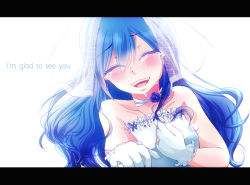 Rule 34 | 1girl, :d, bad id, bad pixiv id, bare shoulders, blue hair, blush, bridal veil, choker, crying, dress, earrings, english text, closed eyes, fairy tail, gloves, hand on own chest, jewelry, juvia lockser, letterboxed, long hair, murakuro, open mouth, outstretched hand, ring, smile, solo, strapless, strapless dress, tears, veil, wedding band, wedding dress, white dress, white gloves