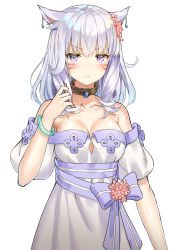 Rule 34 | &gt;:(, 1girl, 5ya, animal ears, bare shoulders, breasts, cat ears, choker, cleavage, dress, earrings, facial mark, final fantasy, final fantasy xiv, frown, gem, grey hair, hair ornament, hand in own hair, hand up, highres, jewelry, large breasts, looking at viewer, miqo&#039;te, puffy short sleeves, puffy sleeves, purple eyes, ribbon, short sleeves, simple background, slit pupils, solo, standing, v-shaped eyebrows, white background