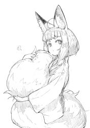 Rule 34 | 1girl, :&lt;, ahoge, animal ear fluff, animal ears, blunt bangs, closed mouth, fluffy, fox ears, fox tail, greyscale, hugging own tail, hugging tail, jaco, large tail, long sleeves, looking away, looking up, monochrome, original, self hug, shirt, short hair, short hair with long locks, simple background, sketch, solo, tail, tareme, white background