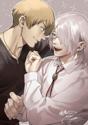 Rule 34 | 2boys, black shirt, blonde hair, collared shirt, dog tags, ear piercing, eye contact, green eyes, grey background, highres, jewelry, looking at another, male focus, multiple boys, multiple piercings, open mouth, original, otani (gloria), outline, parted lips, pendant, piercing, red eyes, shirt, short hair, signature, smile, teeth, three quarter view, upper body, white hair, white outline, white shirt