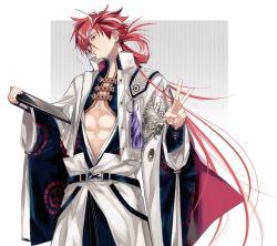 Rule 34 | 1boy, belt, black hair, commentary request, earrings, expressionless, eyebrow cut, fate/grand order, fate (series), feet out of frame, highres, holding, holding phone, ipad, jacket, japanese clothes, jewelry, long hair, long sleeves, looking at viewer, male focus, multicolored hair, pectoral cleavage, pectorals, phone, red eyes, red hair, simple background, solo, streaked hair, tablet pc, takasugi shinsaku (fate), u 5ham0, underpec, v, white hair, white jacket