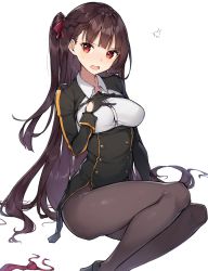 Rule 34 | 1girl, absurdres, anger vein, black dress, black footwear, black gloves, blush, braid, breasts, brown hair, brown pantyhose, collared shirt, commentary request, dress, dress shirt, feet out of frame, girls&#039; frontline, gloves, hair ribbon, hand on own chest, hand up, head tilt, highres, long hair, long sleeves, looking at viewer, medium breasts, necktie, unworn necktie, one side up, open mouth, pantyhose, red eyes, red necktie, red ribbon, ribbon, rikoma, shirt, simple background, sitting, solo, sweat, teeth, upper teeth only, v-shaped eyebrows, very long hair, wa2000 (girls&#039; frontline), white background, white shirt