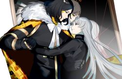 Rule 34 | 1boy, 1girl, angelica (project moon), black gloves, black hair, black jacket, black vest, blue eyes, cape, closed mouth, e.g.o (project moon), fur-trimmed cape, fur trim, gauntlets, gloves, hand on another&#039;s waist, highres, holding hands, jacket, king of greed, library of ruina, long hair, medium hair, painting (object), project moon, roland (project moon), shanhujiao, smile, very long hair, vest, waltz (dance), white hair, yellow cape, yellow eyes
