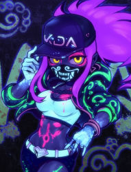 Rule 34 | 1girl, akali, asymmetrical legwear, baseball cap, belt, breasts, chain necklace, cleavage, crop top, hat, inverted colors, jacket, k/da (league of legends), k/da akali, league of legends, long sleeves, looking at viewer, midriff, navel, necklace, neon, open clothes, phantom ix row, ponytail, purple hair, solo, uneven legwear, yellow eyes