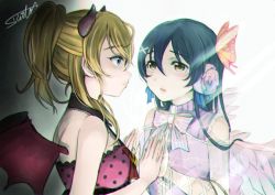 Rule 34 | 2girls, artist name, ayase eli, blonde hair, blue eyes, blue hair, butterfly hair ornament, commentary request, flower, glass, hair between eyes, hair flower, hair ornament, horns, long hair, looking at another, love live!, love live! school idol festival, love live! school idol project, multiple girls, polka dot, ponytail, ribbon, sonoda umi, suito, wings, yellow eyes, yuri