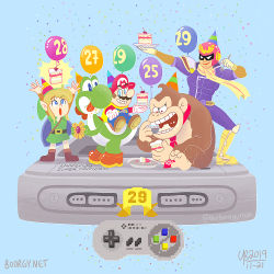 Rule 34 | 5boys, animal, anniversary, balloon, blue background, blue eyes, cake, cape, cape mario, captain falcon, cherry, confetti, controller, cookie, dinosaur, donkey kong, donkey kong (series), donkey kong country, eating, elf, f-zero, facial hair, food, fruit, full body, game console, game controller, gloves, grin, hat, helmet, link, mario, mario (series), monkey, multiple boys, mustache, nintendo, party hat, pointy ears, sitting, smile, standing, super famicom, super mario world, super nintendo, tail, the legend of zelda, the legend of zelda: a link to the past, thebourgyman, white eyes, yellow cape, yoshi, yoshi&#039;s cookie