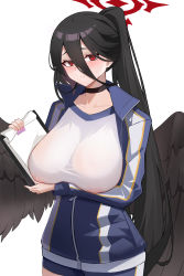 Rule 34 | 1girl, 54etfs, absurdres, black choker, black hair, black wings, blue archive, breasts, choker, closed mouth, gym uniform, hair between eyes, halo, hasumi (blue archive), hasumi (track) (blue archive), highres, holding, inverted nipples, jacket, large breasts, long hair, long sleeves, looking at viewer, mole, mole under eye, official alternate costume, ponytail, red eyes, see-through, see-through shirt, shirt, simple background, solo, track jacket, white background, white shirt, wings