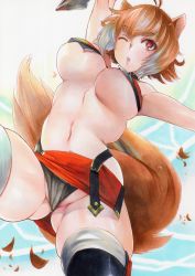 Rule 34 | 1girl, absurdres, animal ears, bare shoulders, blazblue, breasts, brown hair, from below, highres, large breasts, looking at viewer, makoto nanaya, miniskirt, navel, one eye closed, open mouth, short hair, simple background, skindentation, skirt, smile, solo, squirrel ears, squirrel girl, squirrel tail, tail, thighhighs, traditional media, underboob, weapon
