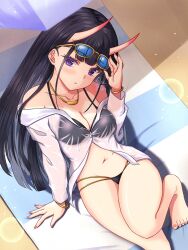 1girl are_you_333 azur_lane beach beach_towel bikini bikini_under_clothes black_bikini black_hair blush breasts cleavage commentary_request demon_girl demon_horns from_above hand_up highres horns knee_up long_hair looking_at_viewer looking_up medium_breasts navel noshiro_(azur_lane) on_ground oni parted_lips partially_unbuttoned purple_eyes see-through_clothes see-through_shirt shirt sitting solo sunglasses swimsuit thighs towel very_long_hair wet wet_clothes wet_shirt white_shirt