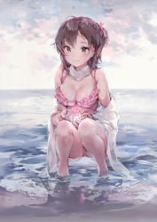 Rule 34 | 1girl, absurdres, anmi, bare shoulders, beach, bikini, blush, breasts, brown hair, clam, cleavage, closed mouth, cloud, day, frilled bikini, frills, gem, hair between eyes, highres, holding, horizon, jewelry, light smile, looking at viewer, medium breasts, one side up, open clothes, open shirt, original, outdoors, pearl (gemstone), pink bikini, purple eyes, scan, shirt, smile, solo, squatting, swimsuit, tsurime, wading, white shirt
