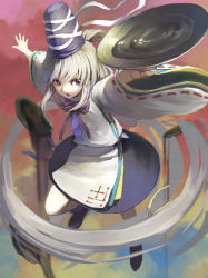 Rule 34 | 1girl, benitama, blue eyes, hat, long hair, mononobe no futo, outstretched arms, plate, ponytail, silver hair, skirt, solo, tate eboshi, touhou, wide sleeves
