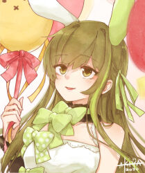 Rule 34 | 1girl, akiya doubao, animal ears, balloon, bare shoulders, bow, brown hair, commentary request, dated, dress, fake animal ears, girls&#039; frontline, green bow, green hair, green ribbon, holding, holding balloon, long hair, looking up, m4a1 (a girl&#039;s hot air balloon adventure) (girls&#039; frontline), m4a1 (girls&#039; frontline), multicolored hair, official alternate costume, rabbit ears, red ribbon, ribbon, signature, smile, solo, streaked hair, upper body, white dress